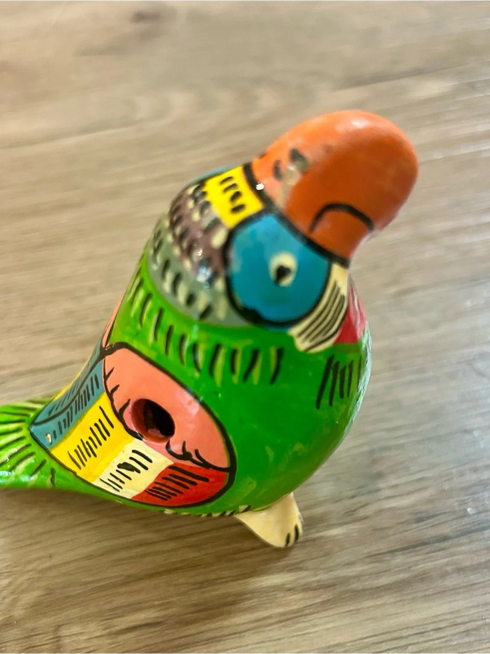 VTG Costa Rica Clay Bird Whistle Ocarina Hand Painted Toucan Parrot Folk Art